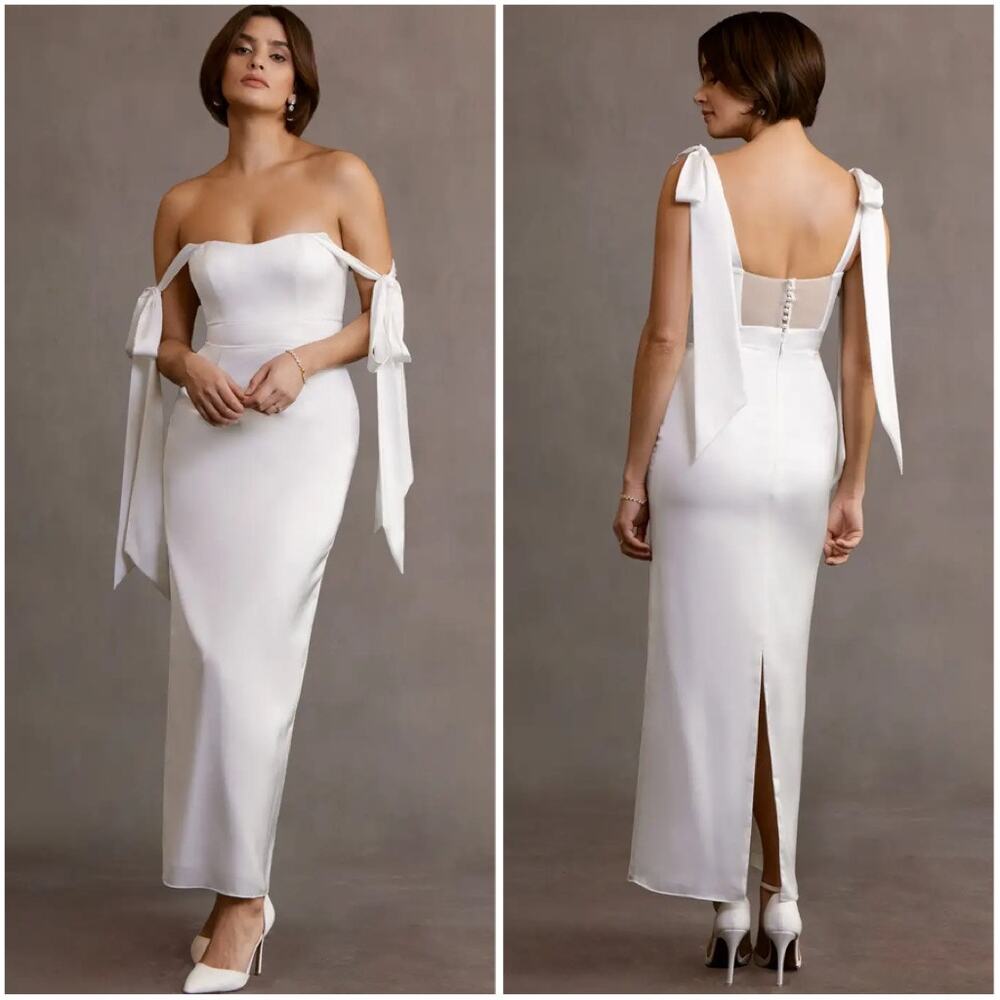 AZAZIE Loey Wedding Dress Off The Shoulder Stretch Satin Tie Strap Maxi Bridal